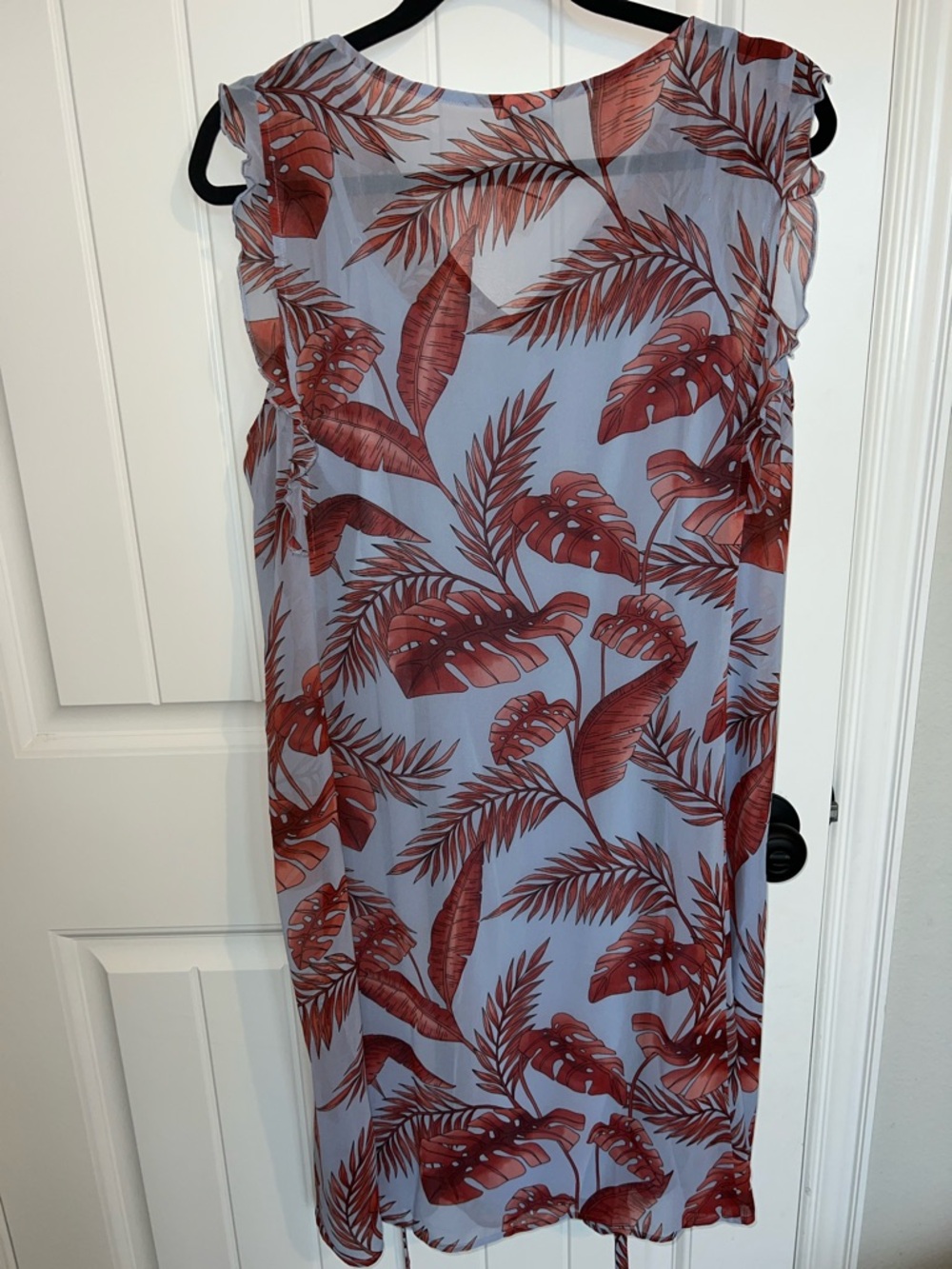 NWT! CAbi Isabel V-Neck Mini Dress in Light Blue with Coral Leaf Print Size L - Picture 10 of 16